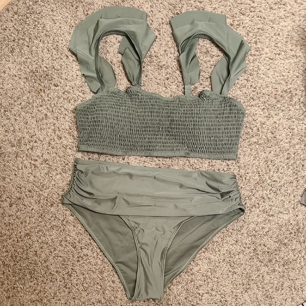 Shein Olive Green Bikini Set Smocked High Rise Ruffle Straps 2xl Swim Summer